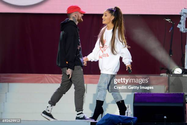 Free for editorial use. In this handout provided by 'One Love Manchester' benefit concert Mac Miller and Ariana Grande perform on stage on June 4,...