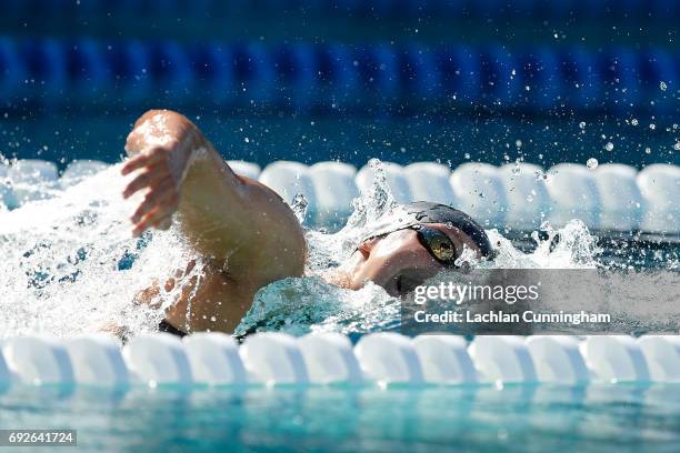 Katie Ledecky swims in the 1500m freestyle heats during Day 1 of the 2017 Arena Pro Swim Series Santa Clara at George F. Haines International Swim...