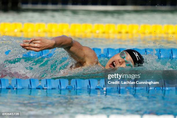 Kohei Yamamoto of Japan swims in the 800m Freestyle heats during Day 1 of the 2017 Arena Pro Swim Series Santa Clara at George F. Haines...