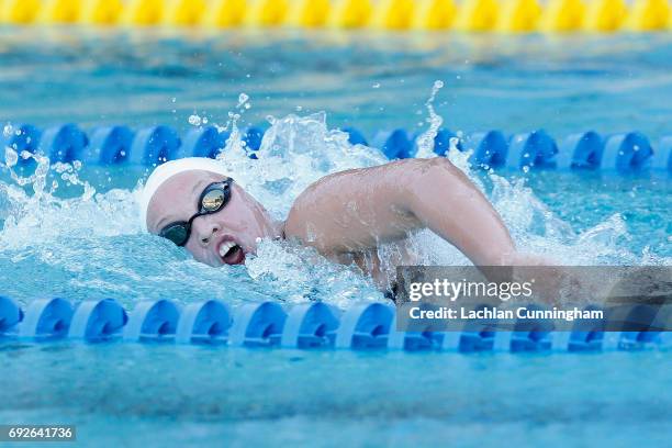 Mackenzie Paddington swims in the 1500m freestyle heats during Day 1 of the 2017 Arena Pro Swim Series Santa Clara at George F. Haines International...