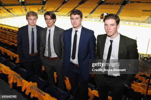 Draft prospects Casey Mittelstadt, Nico Hischier, Gabriel Vilardi and Nolan Patrick pose for a picture during media availability prior to Game Four...