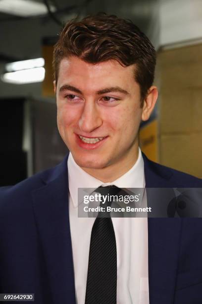 Gabriel Vilardi is interviewed during media availability for 2017 NHL draft prospects prior to Game Four of the 2017 NHL Stanley Cup Final at the...