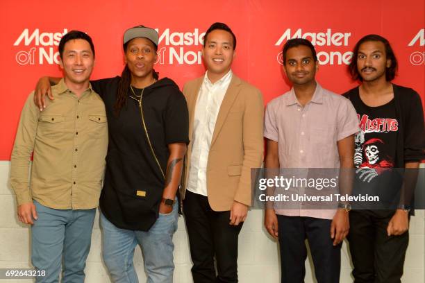 At UCB" -- Pictured: Kelvin Yu, "Brian"; Lena Waithe, Writer / "Denise"; Alan Yang, Co-Creator; Aziz Ansari, Co-Creator / "Dev"; Aniz Ansari, Writer...