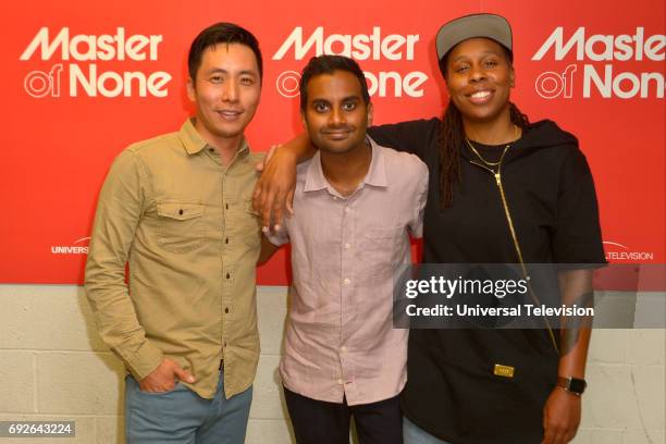 At UCB" -- Pictured: Kelvin Yu, Aziz Ansari, Lena Waithe --