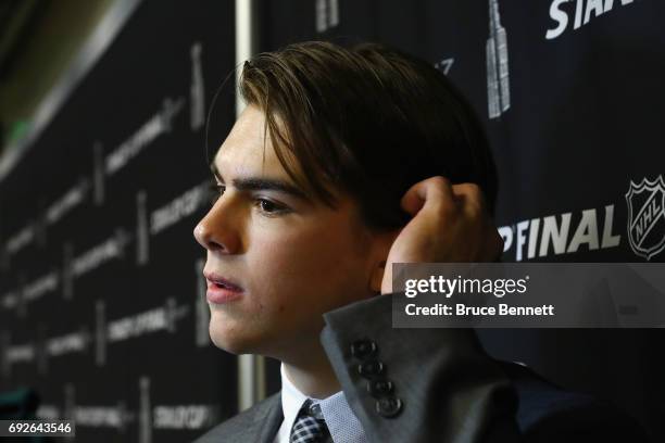 Nico Hischier is interviewed during media availability for 2017 NHL draft prospects prior to Game Four of the 2017 NHL Stanley Cup Final at the...