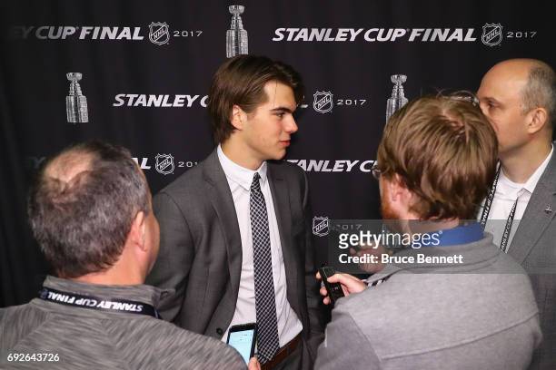 Nico Hischier is interviewed during media availability for 2017 NHL draft prospects prior to Game Four of the 2017 NHL Stanley Cup Final at the...