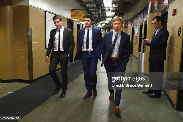 Draft prospects Nolan Patrick, Gabriel Vilardi and Casey Mittelstadt walk during media availability prior to Game Four of the 2017 NHL Stanley Cup...