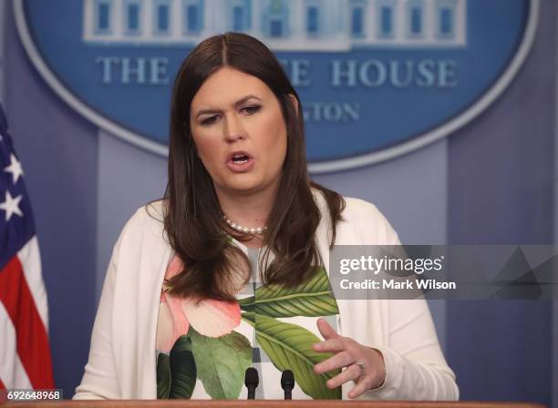 White House deputy press secretary Sarah Huckabee Sanders speaks during a press briefing on June 5, 2017 in Washington, DC. Sanders said President...