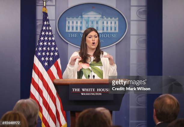 White House deputy press secretary Sarah Huckabee Sanders speaks during a press briefing on June 5, 2017 in Washington, DC. Sanders said President...