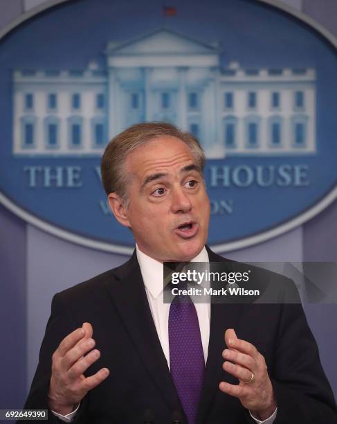 Veterans Affairs Secretary David Shulkin talks about plans to revamp the department's information technology system during a press briefing at the...