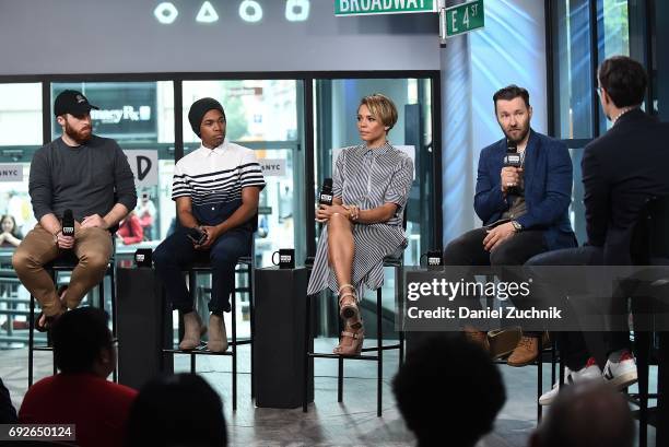 Trey Edward Shults, Kelvin Harrison Jr, Carmen Ejogo and Joel Edgerton attend the Build Series to discuss the new film 'It Comes at Night' at Build...