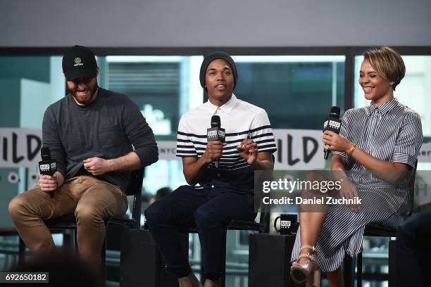 Trey Edward Shults, Kelvin Harrison Jr and Carmen Ejogo attend the Build Series to discuss the new film 'It Comes at Night' at Build Studio on June...