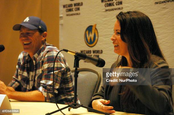 Holly Marie Combs and Brian Krause answer questions about various episodes of Charmed during a Q and A, on the final day of Wizard World Philadelphia...