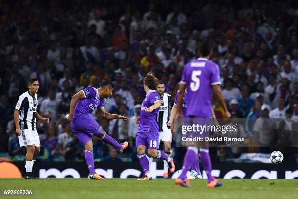 Carlos Enrique Casimiro of Real Madrid CF scores his team's second goal during the UEFA Champions League Final between Juventus and Real Madrid at...