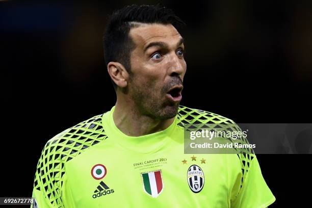 Gianluigi Buffon of Juventus reacts during the UEFA Champions League Final between Juventus and Real Madrid at National Stadium of Wales on June 3,...