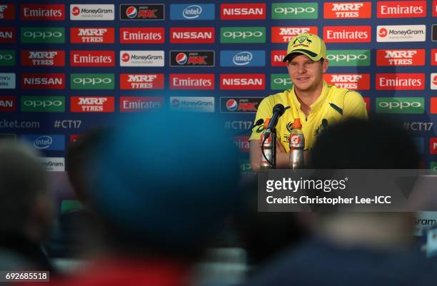 Steve Smith of Australia talks to the media in the press conference during the ICC Champions Trophy Group A match between Australia and Bangladesh at...