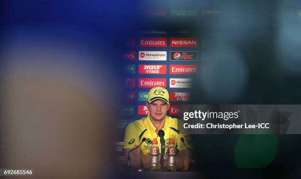 Steve Smith of Australia talks to the media in the press conference during the ICC Champions Trophy Group A match between Australia and Bangladesh at...