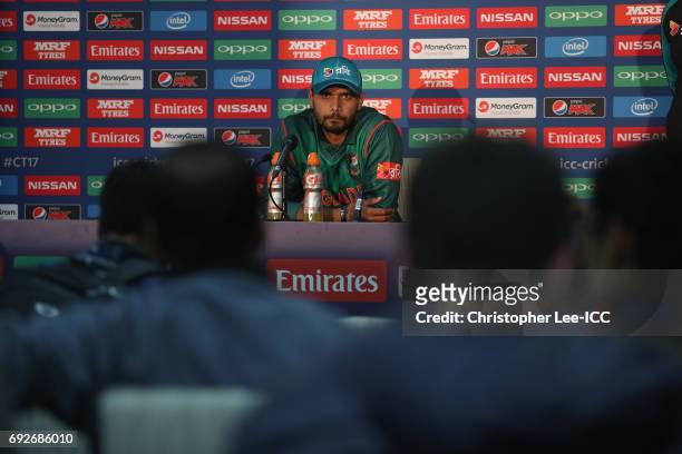 Masrafe Bin Mortaza of Bangladesh talks to the media in the press conference during the ICC Champions Trophy Group A match between Australia and...