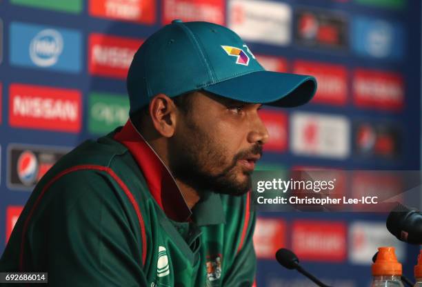 Masrafe Bin Mortaza of Bangladesh talks to the media in the press conference during the ICC Champions Trophy Group A match between Australia and...