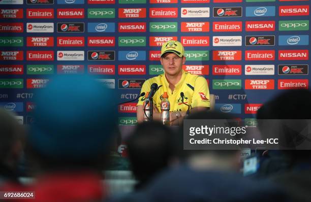 Steve Smith of Australia talks to the media in the press conference during the ICC Champions Trophy Group A match between Australia and Bangladesh at...