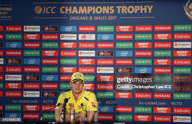 Steve Smith of Australia talks to the media in the press conference during the ICC Champions Trophy Group A match between Australia and Bangladesh at...