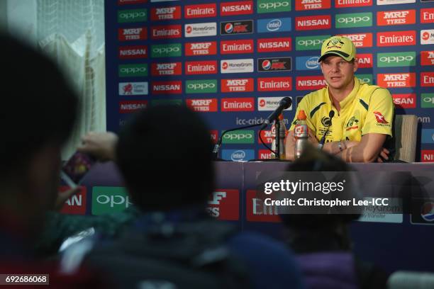 Steve Smith of Australia talks to the media in the press conference during the ICC Champions Trophy Group A match between Australia and Bangladesh at...