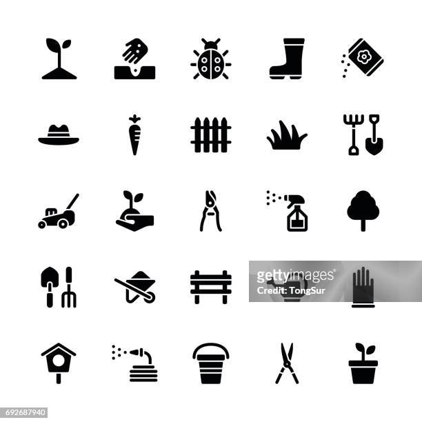 gardening icons - regular glyph - raking leaves stock illustrations