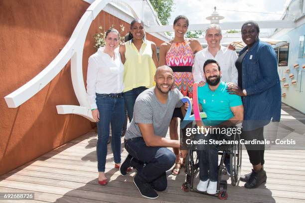 2nd row: Karateka Laurence Fisher, Athlete Marie-Jose Perec, Basket-Ball Player Emmeline Ndongue, Table Tennis Player Jean-Philippe Gatien, Gwladys...