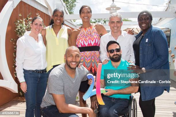 2nd row: Karateka Laurence Fisher, Athlete Marie-Jose Perec, Basket-Ball Player Emmeline Ndongue, Table Tennis Player Jean-Philippe Gatien, Gwladys...