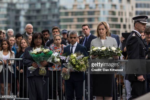 Shadow Home Secretary Diane Abbott, Mayor of London Sadiq Khan and Home Secretary Amber Rudd take part in a vigil for the victims of the London...