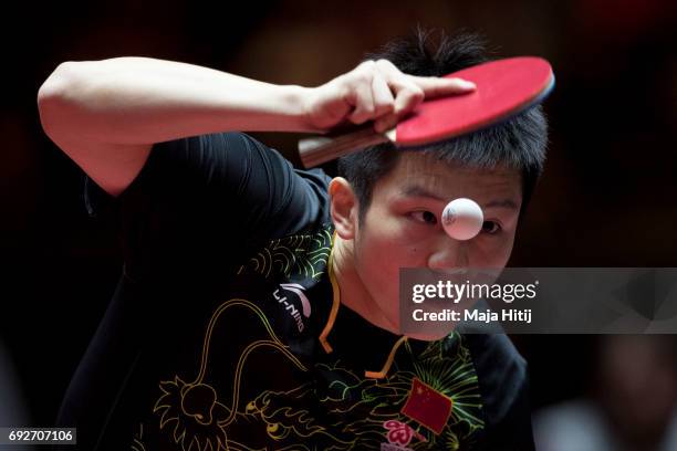 Zhendong Fan of China in action during Men's Singles Final at Table Tennis World Championship at Messe Duesseldorf on June 5, 2017 in Dusseldorf,...