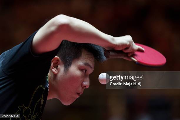 Zhendong Fan of China in action during Men's Singles Final at Table Tennis World Championship at Messe Duesseldorf on June 5, 2017 in Dusseldorf,...