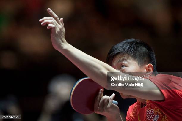 Ma Long of China in action during Men's Singles Final at Table Tennis World Championship at Messe Duesseldorf on June 5, 2017 in Dusseldorf, Germany.