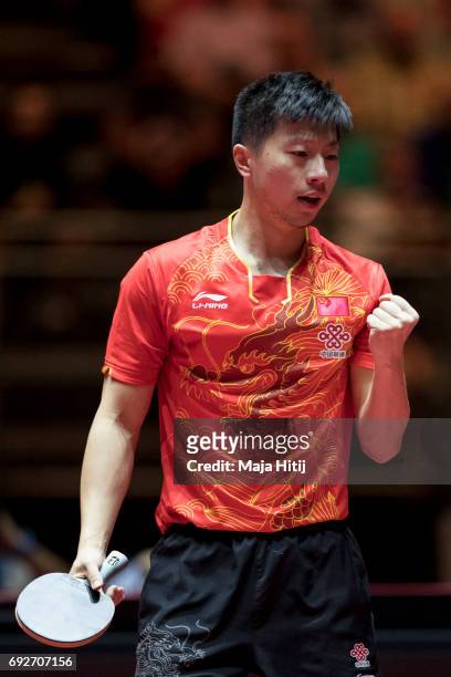 Ma Long of China celebrates during Men's Singles Final at Table Tennis World Championship at Messe Duesseldorf on June 5, 2017 in Dusseldorf, Germany.