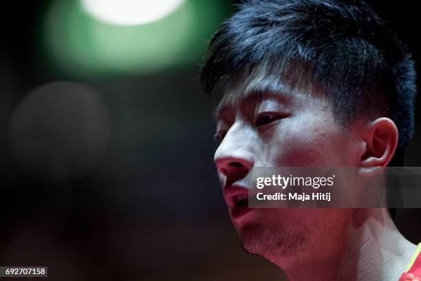 Ma Long of China reacts during Men's Singles Final at Table Tennis World Championship at Messe Duesseldorf on June 5, 2017 in Dusseldorf, Germany.