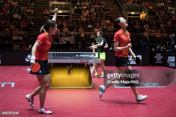 Ning Ding of China and Shiwen Liu of China celebrate after winning Women's Doubles Finals at Table Tennis World Championship at Messe Duesseldorf on...