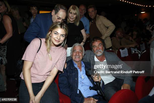 Louane Emera, Jean-Paul Belmondo and Olivier Marchal attend "L'Entree Des Artistes" Theater School by Olivier Belmondo at Theatre des Mathurins on...