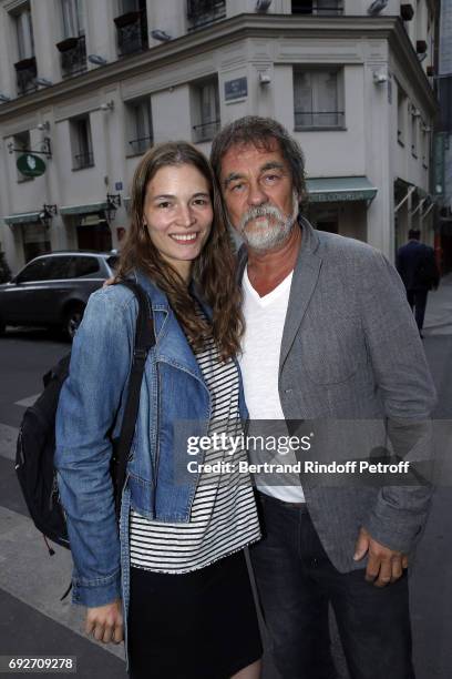 Actress Julie-Chloe Mougeolle and Director and Actor Olivier Marchal attend "L'Entree Des Artistes" Theater School by Olivier Belmondo at Theatre des...
