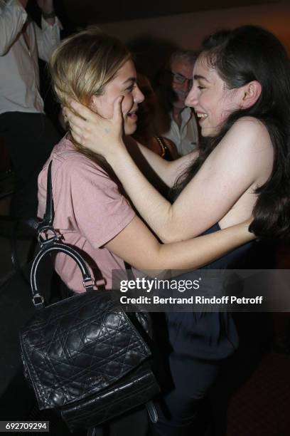 Louane Emera and her Best Friend Actress Solenn Mazon attend "L'Entree Des Artistes" Theater School by Olivier Belmondo at Theatre des Mathurins on...