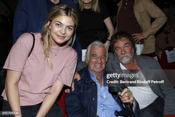 Louane Emera, Jean-Paul Belmondo and Olivier Marchal attend "L'Entree Des Artistes" Theater School by Olivier Belmondo at Theatre des Mathurins on...