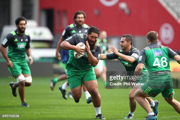 Charlie Faumuina of the Blues during a Blues Captain's Run ahead of their match against the British & Irish Lions at Eden Park on June 6, 2017 in...