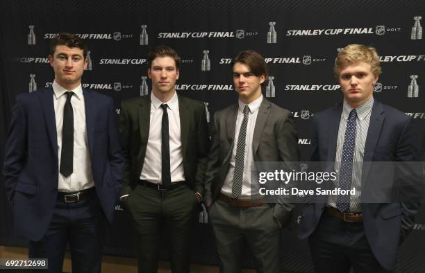 Top prospects Gabriel Vilardi, Nolan Patrick, Nico Hischier and Casey Mittelstadt pose together at the media availability for 2017 NHL draft...