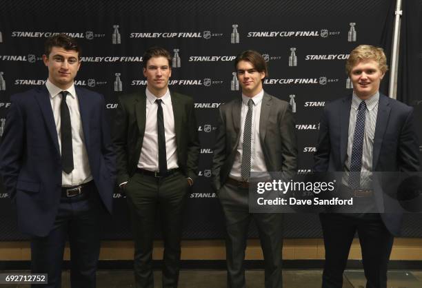 Top prospects Gabriel Vilardi, Nolan Patrick, Nico Hischier and Casey Mittelstadt pose together at the media availability for 2017 NHL draft...