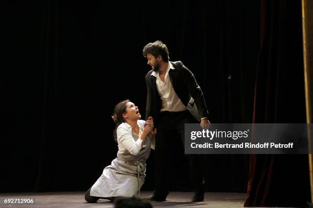Actors Alice Maniable and Benjamin Noel perform an excerpt of the Theaterplay of Georges Feydeau "La Puce a l'Oreille" during "L'Entree Des Artistes"...