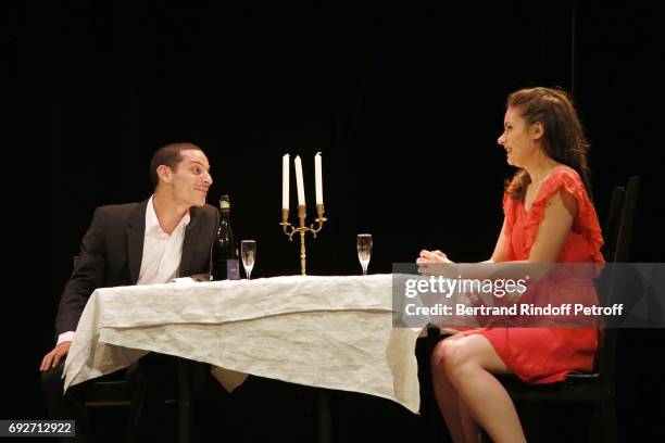 Actors Pierre Itzkovitch and Charlene Goryszewski perform an excerpt of the Theaterplay of Nicolas Martinez "Diner aux Chandelles" during "L'Entree...