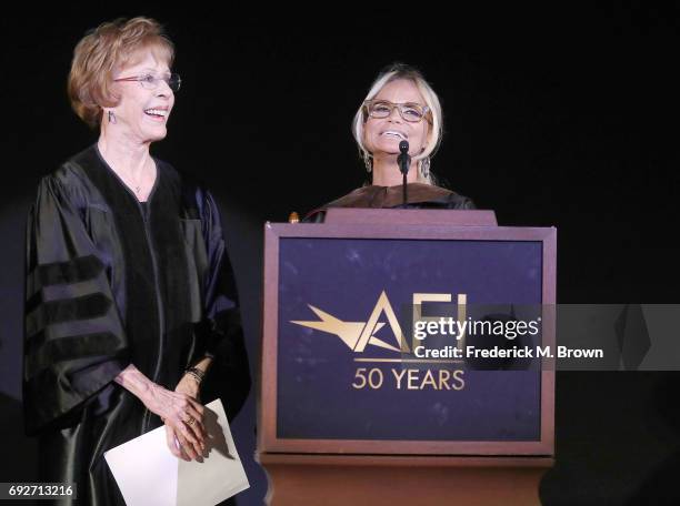 Actresses Carol Burnett, and Kristin Chenoweth speak during AFI's Conservatory Commencement Ceremony at the TCL Chinese Theatre on June 5, 2017 in...