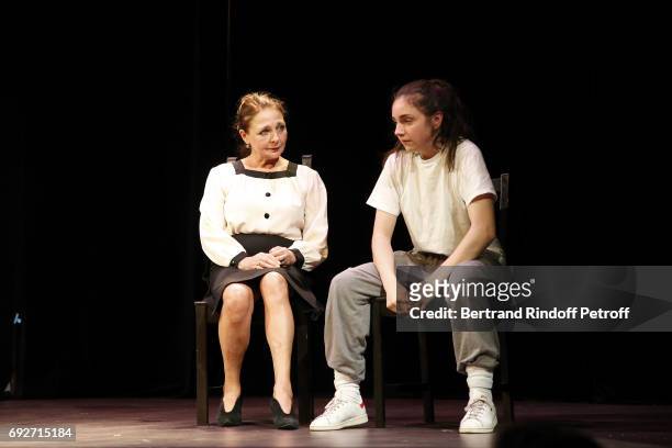 Actress Francoise O'Mera and Solenn Mazon perform an extract of the Theaterplay "La Tete Haute" during "L'Entree Des Artistes" Theater School by...