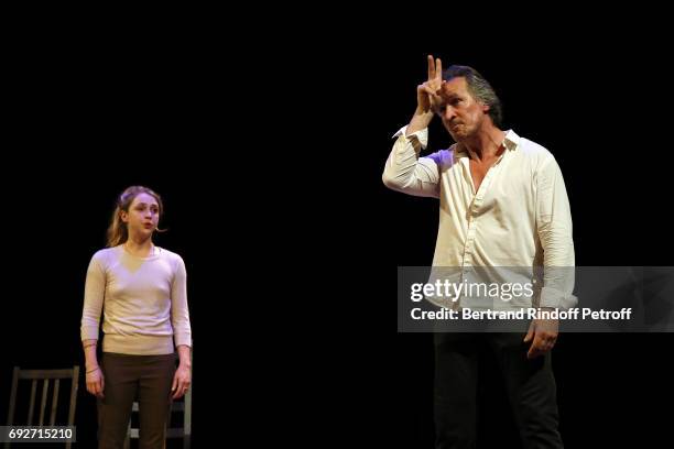 Actors Claire Fizaine and Rodolphe Boucher perform an extract of the Theaterplay "Les Enfants du Silence" during "L'Entree Des Artistes" Theater...