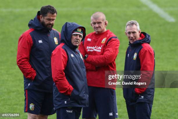 The Lions coach teaming of Andy Farrell, defence coach, Warren Gatland, head coach, Graham Rowntree, scrum coach and Rob Howley backs coach look on...