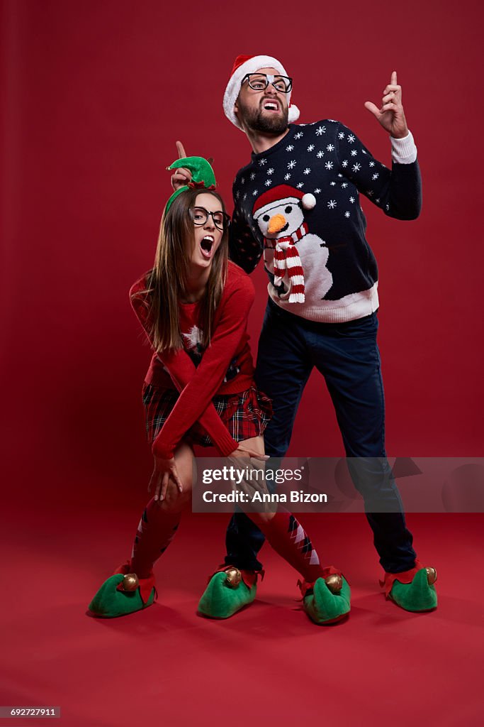Nerd couple during Christmas dance. Debica, Poland.